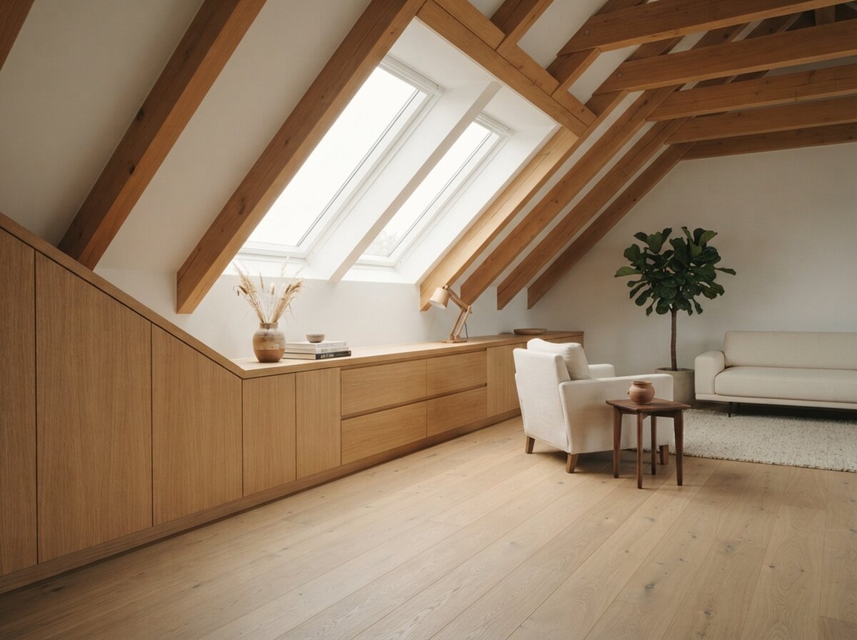 Ausgebauter Dachraum mit Dachflächenfenstern, Trockenbau-Schrägen und Einbauten in Holz